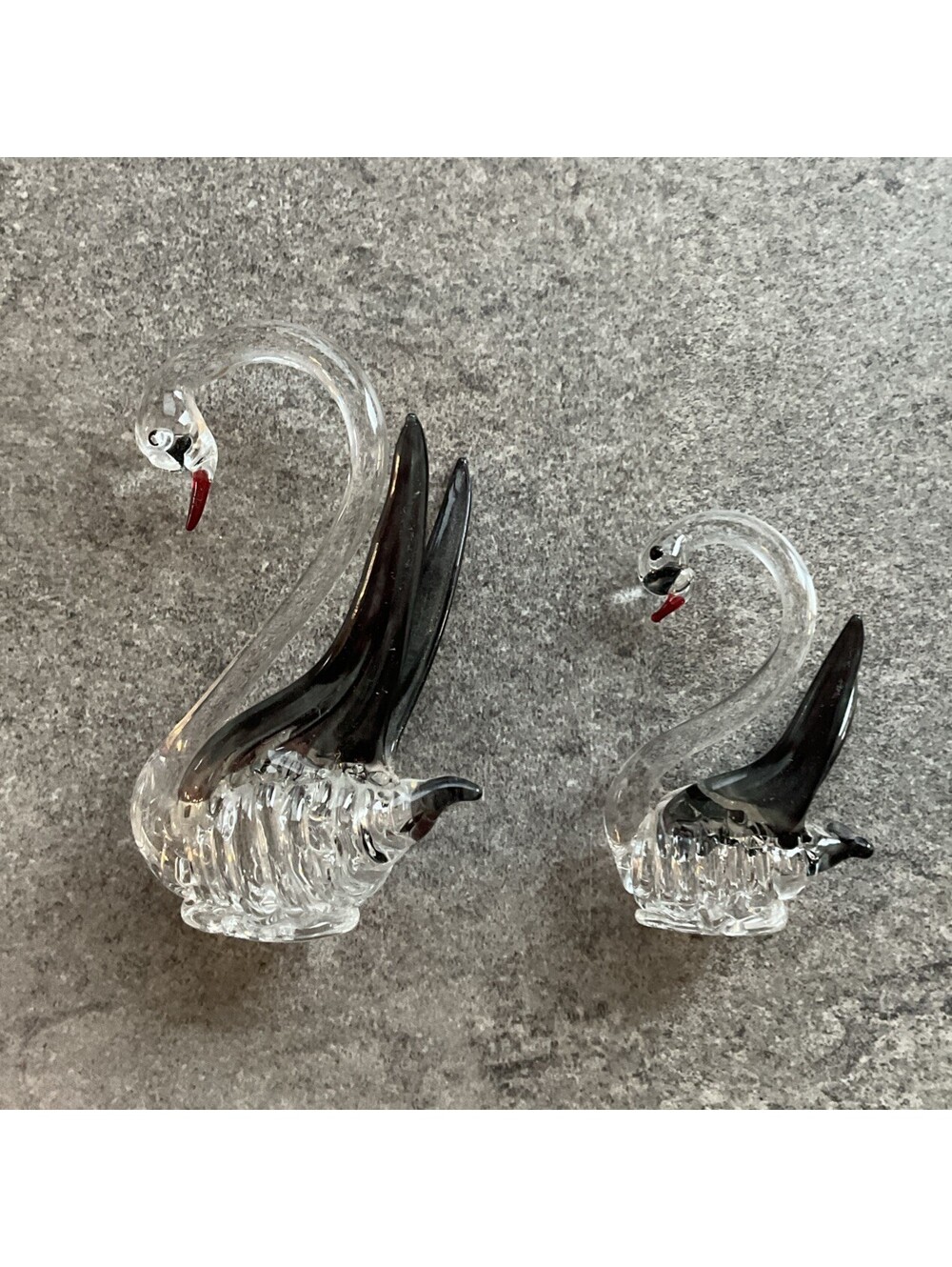 Set Of 2 Mini Hand Blown Glass Swans with Black Wings 3.25” & 2.25” Tall